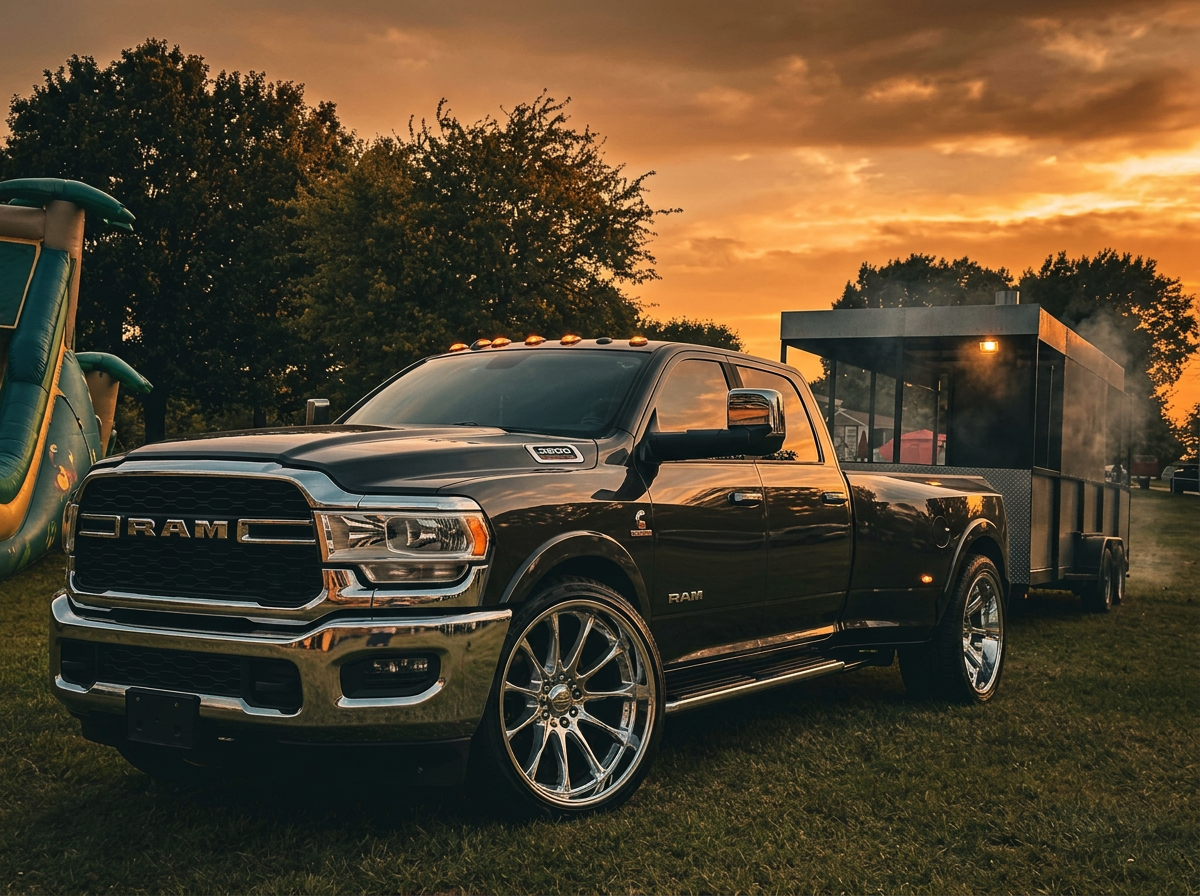 Go Hard Grills RAM dually hauling the BBQ smoker trailer at golden hour