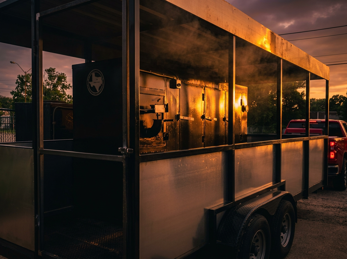 Go Hard Grills custom black smoker trailer glowing at dusk
